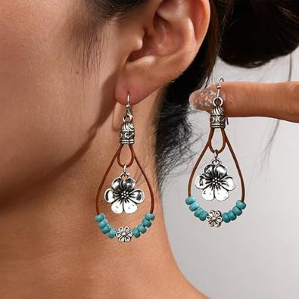 Boho Earrings Turquoise Flower Dangle Drop Earring‎ Leather Braid Unique Classy